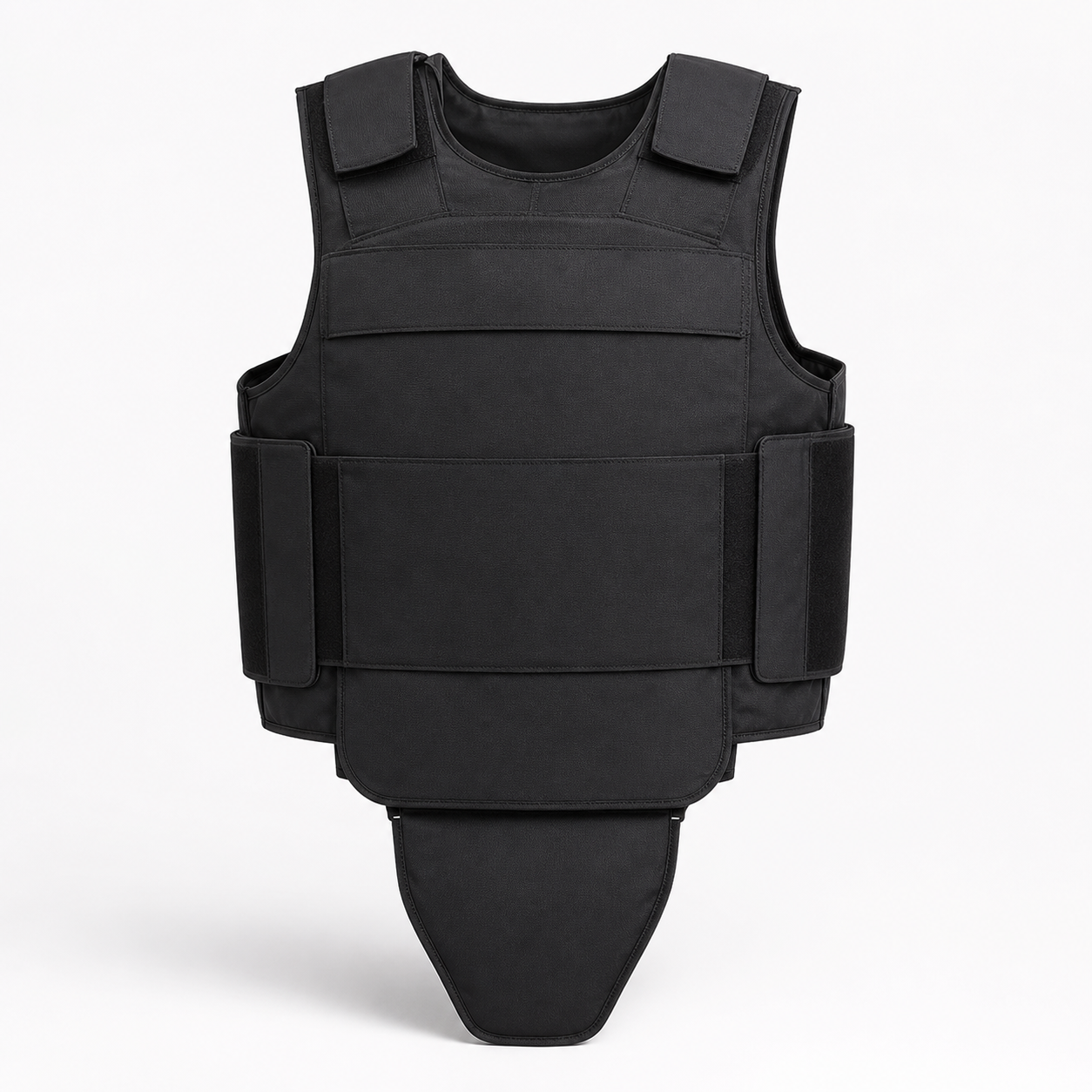 Black full-coverage PE ballistic vest removable groin protector and lower abdomen coverage detail