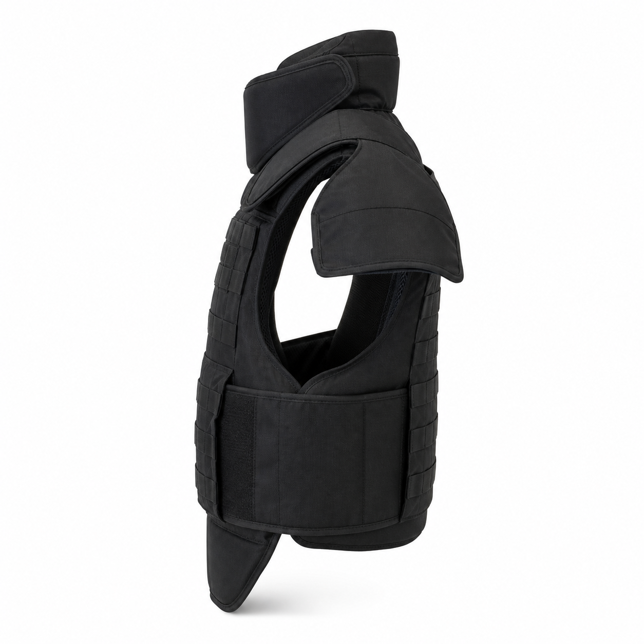 Black full-coverage PE ballistic vest side profile showing high collar and shoulder coverage extensions