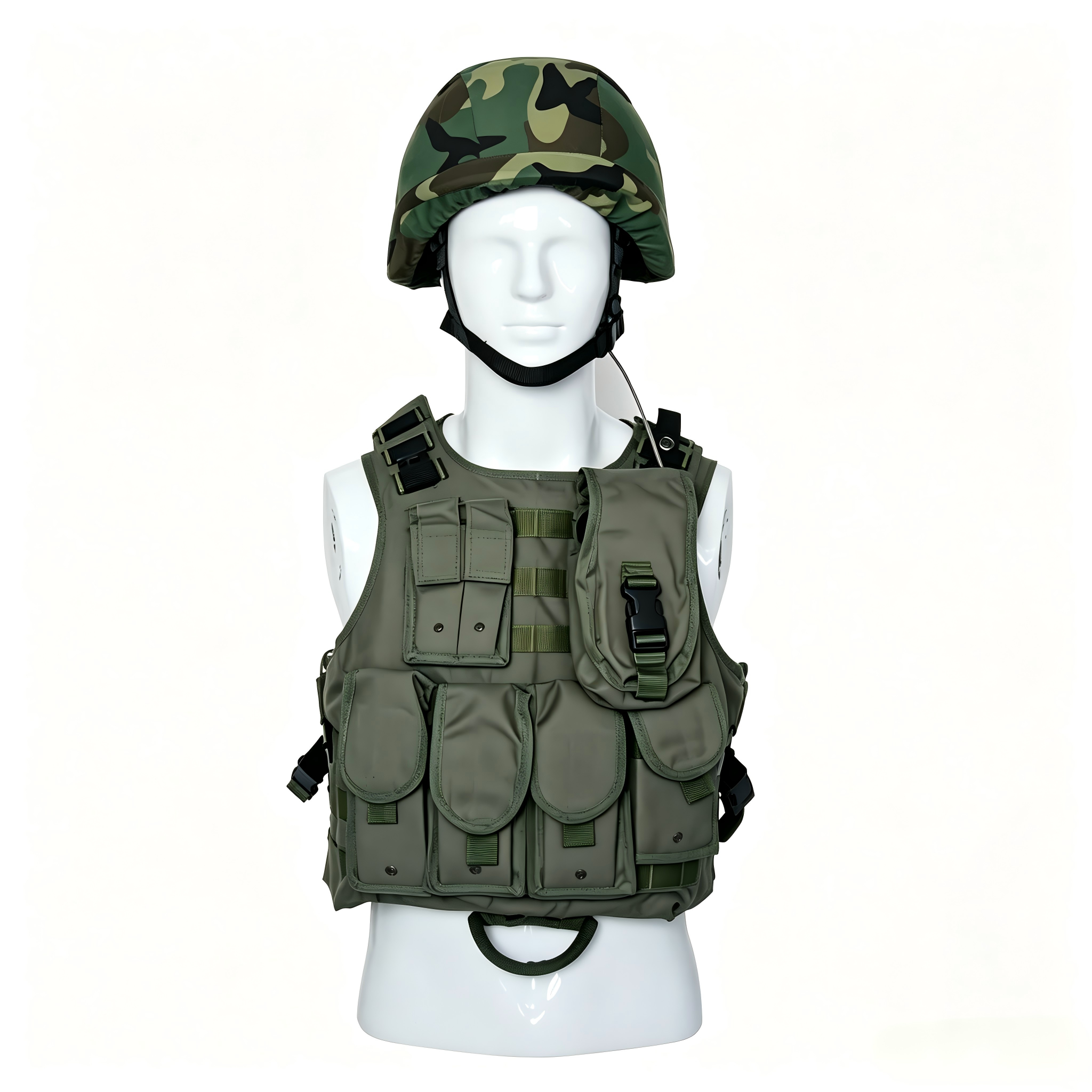 PE Level III tactical ballistic vest angled side view showing shoulder and side retention structure