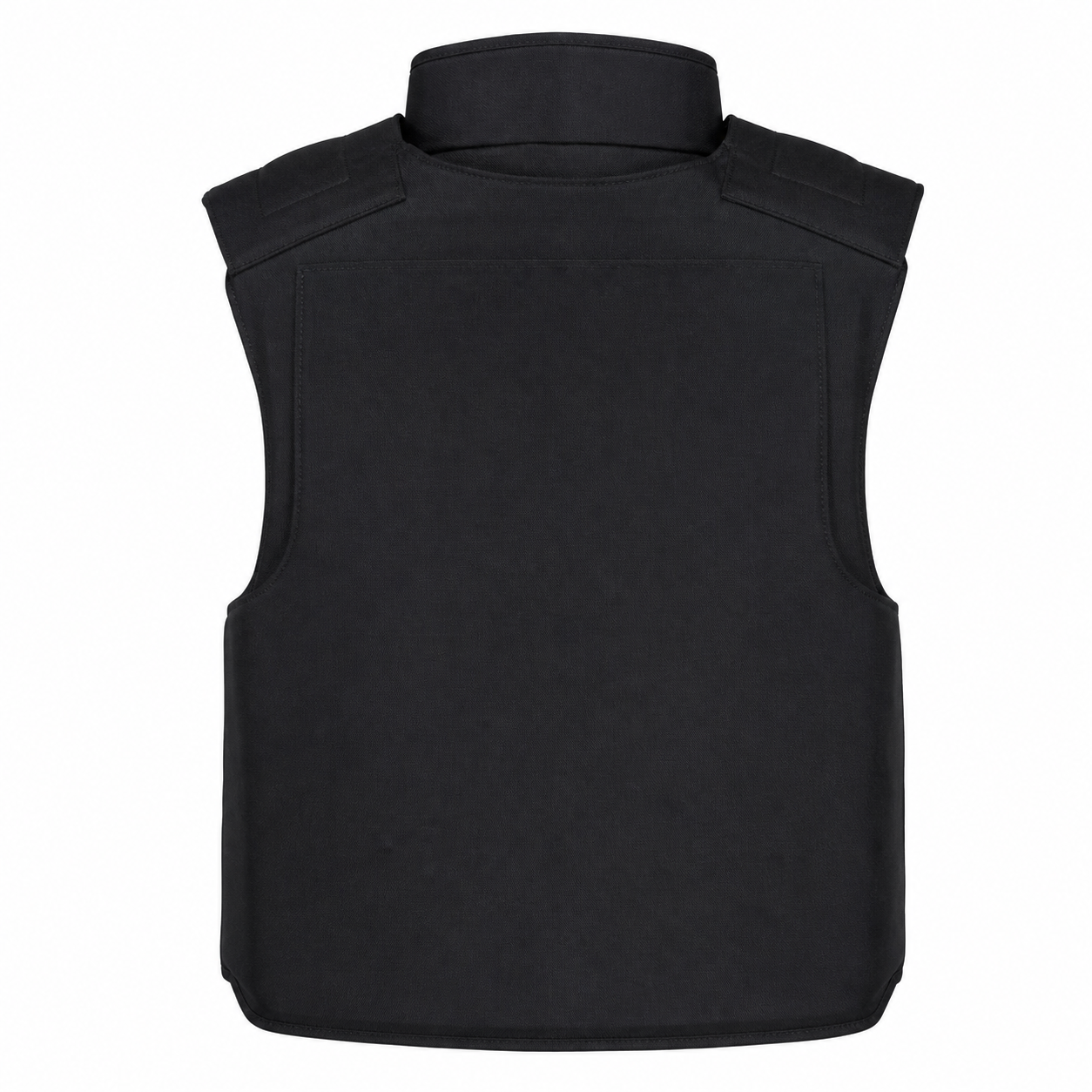 Black full-coverage PE ballistic vest rear product view showing back coverage structure
