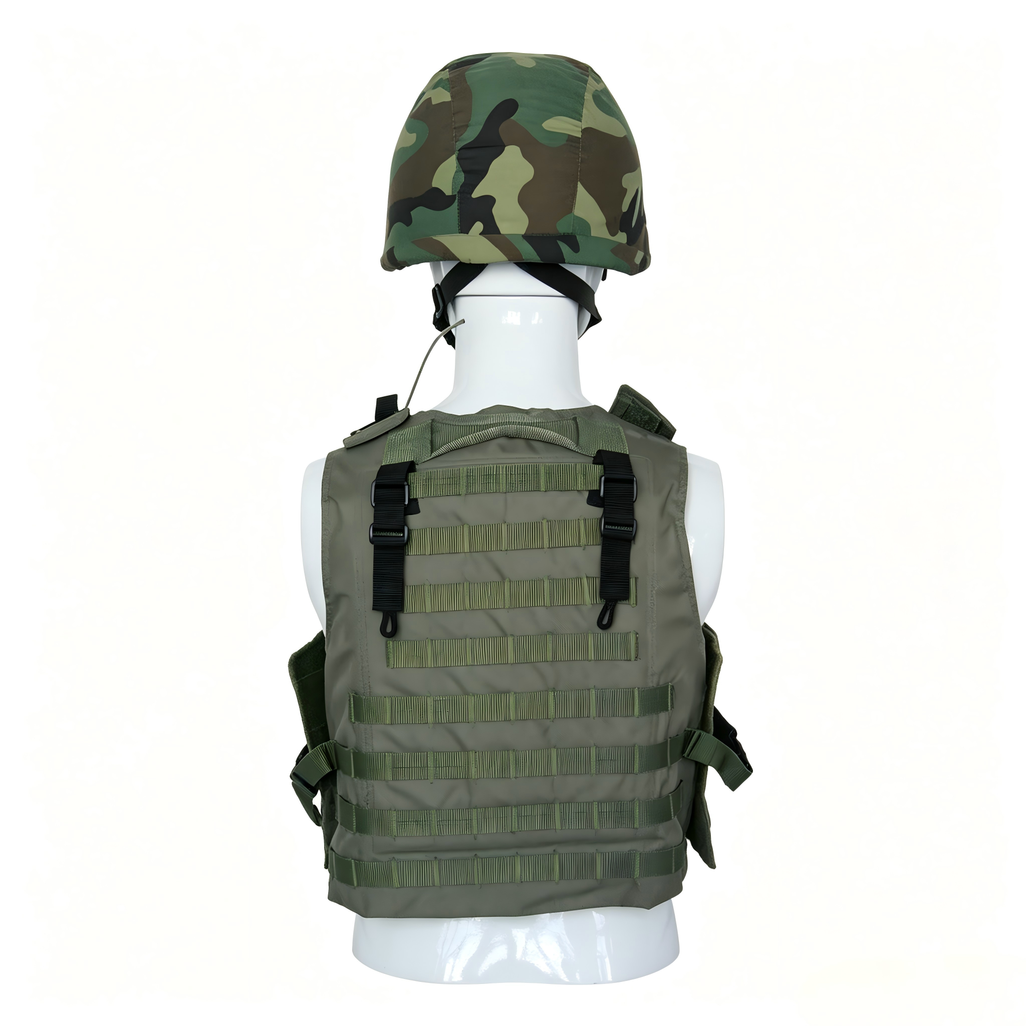 PE Level III tactical ballistic vest rear view showing webbing layout and rear panel coverage