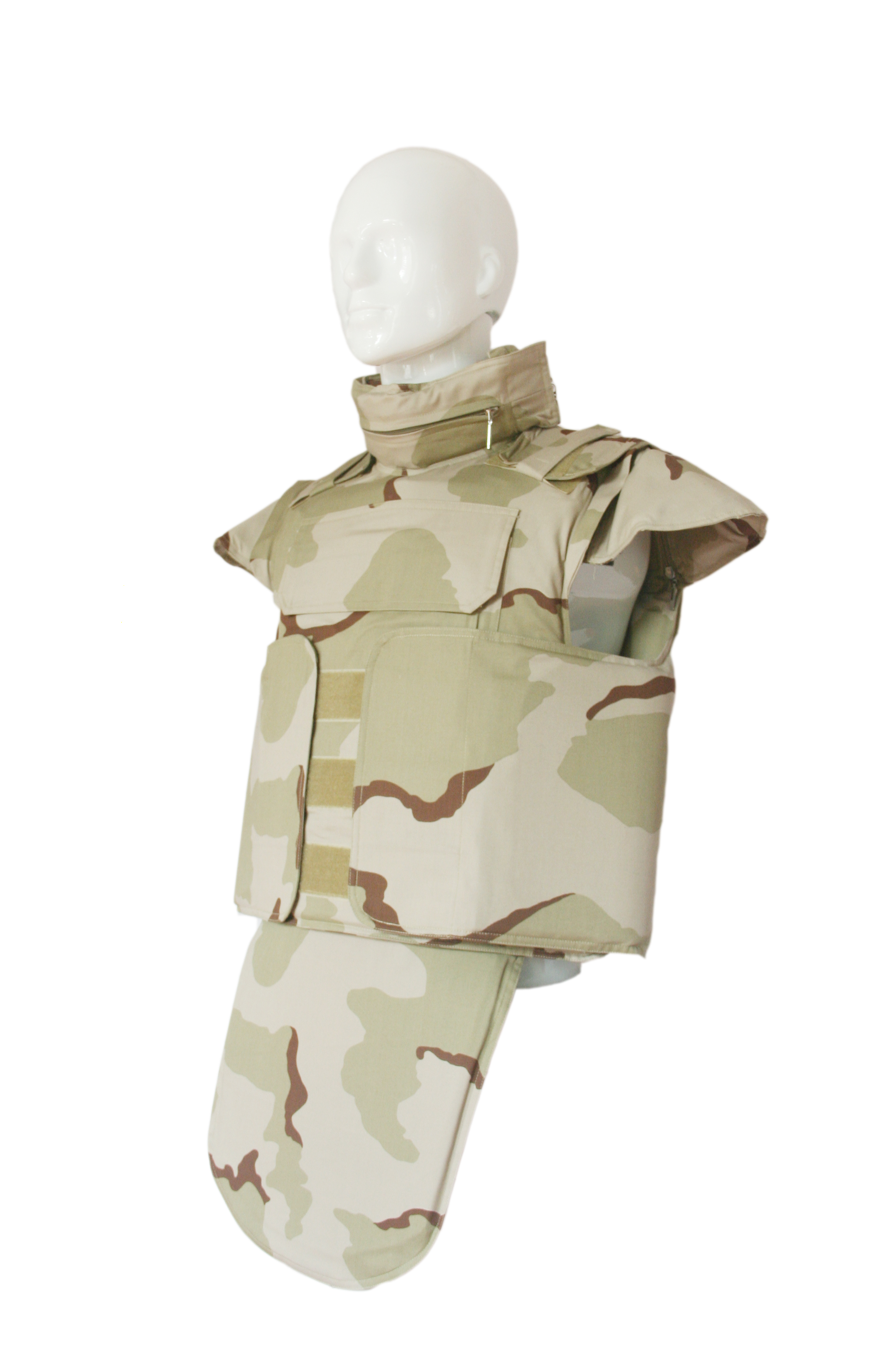 Desert camouflage full-coverage ballistic vest front angled view showing shoulder extensions and wrap panels