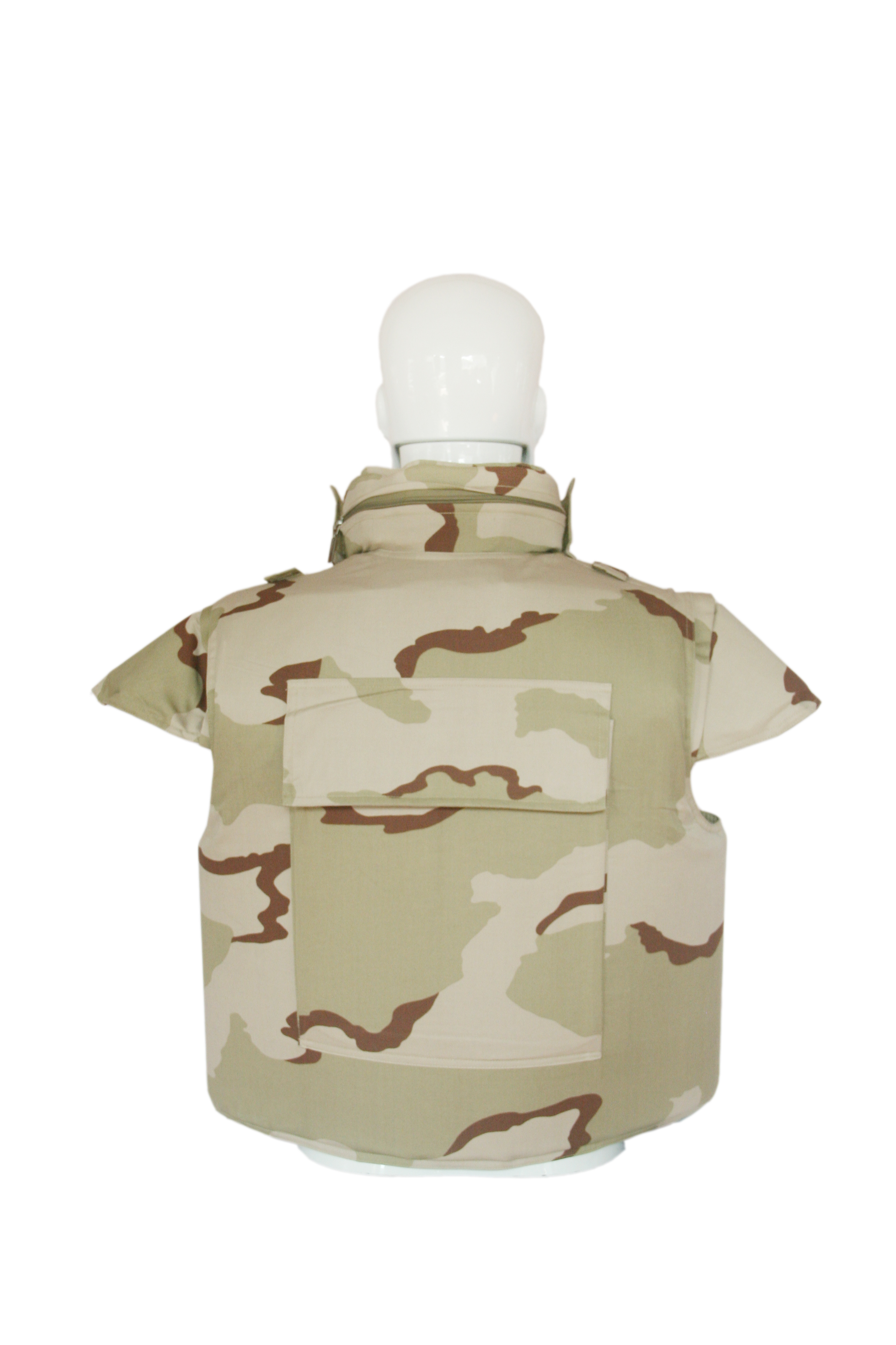 Desert camouflage full-coverage ballistic vest rear view showing back panel coverage