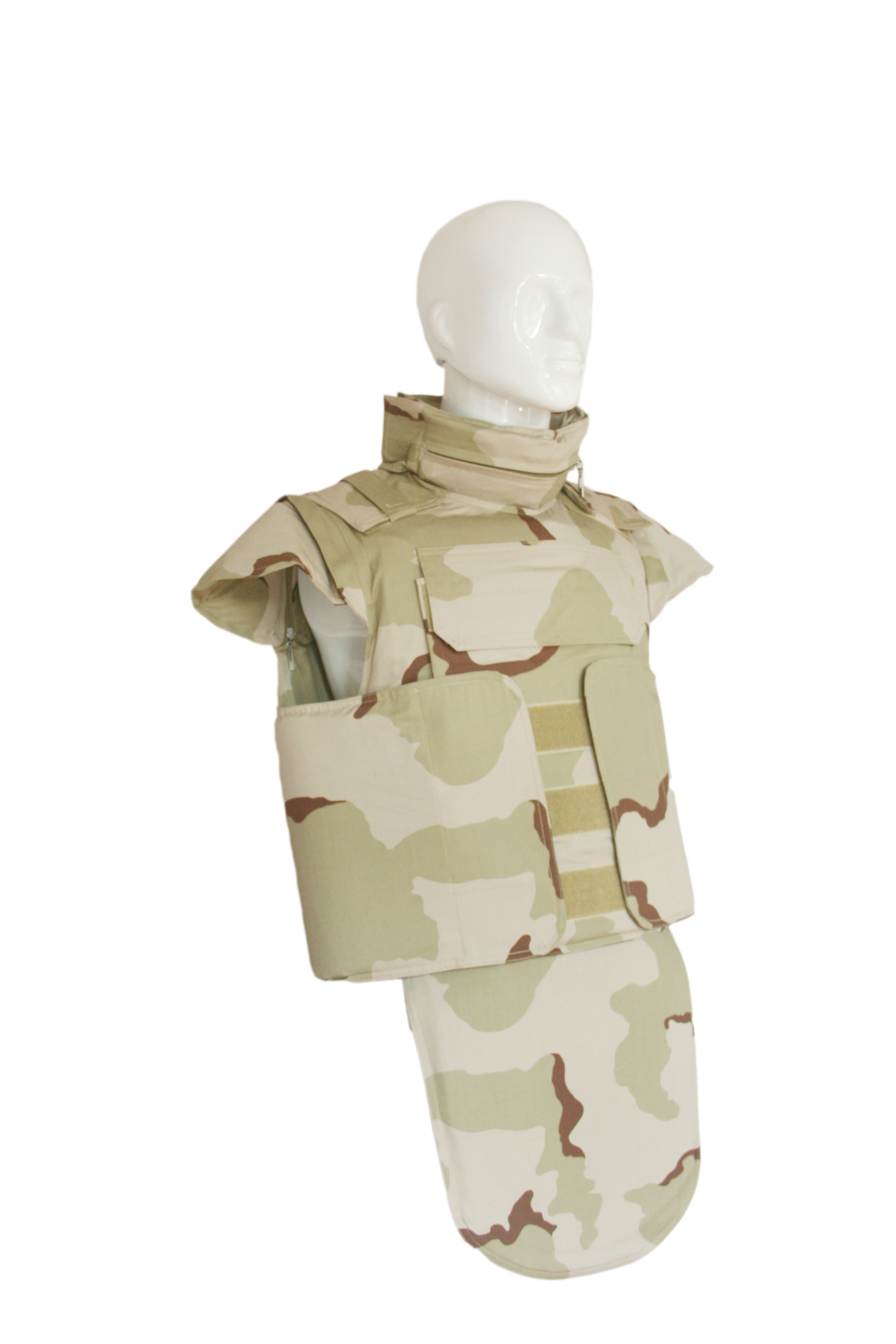 Desert camouflage full-coverage ballistic vest side profile showing high collar and torso coverage