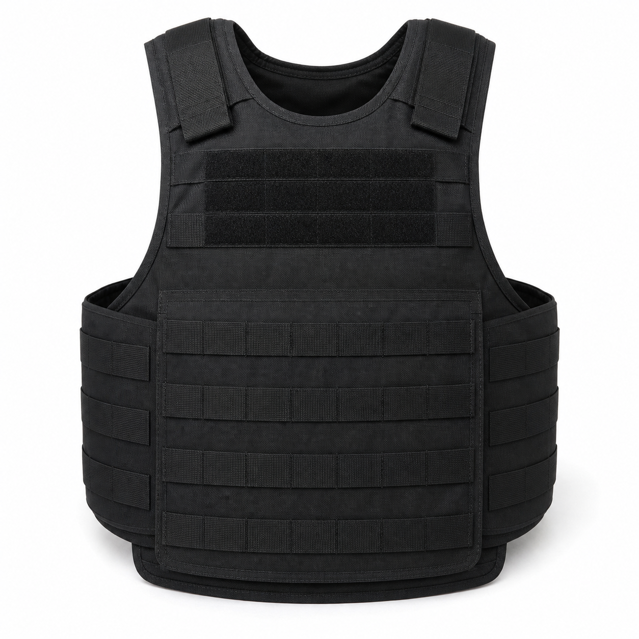 Black full-coverage PE ballistic vest front modular webbing panel and front plate area detail