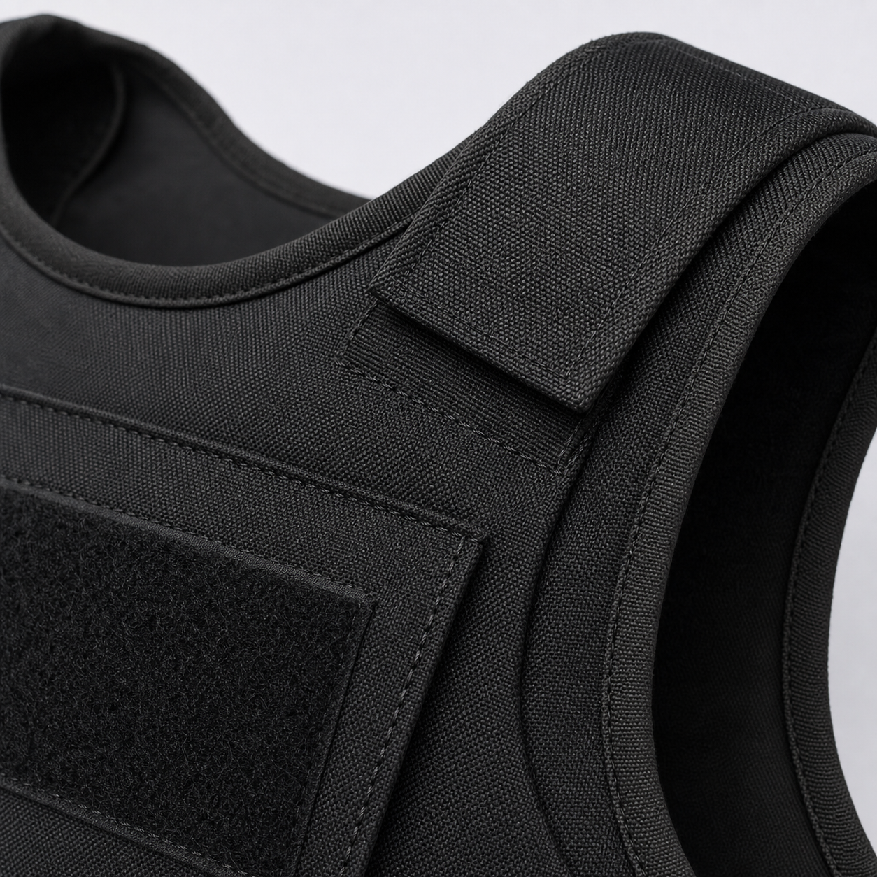 Black full-coverage PE ballistic vest fabric edge binding stitching and structural detail